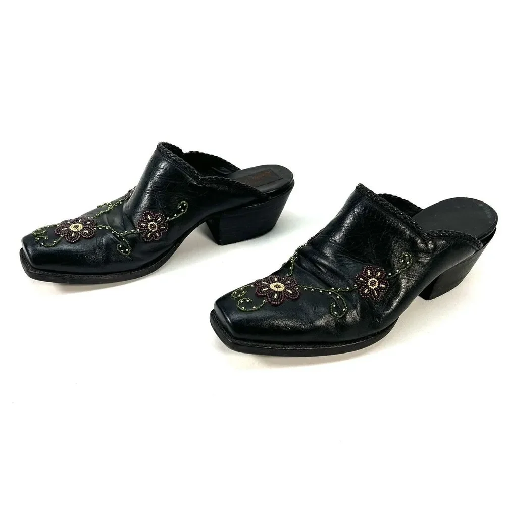 Tres Outlaws Hand Beaded Black Leather Mules Boots Booties Square Toe Size 7C